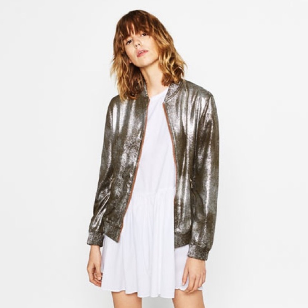 Zara Olive & Silver Metallic Bomber